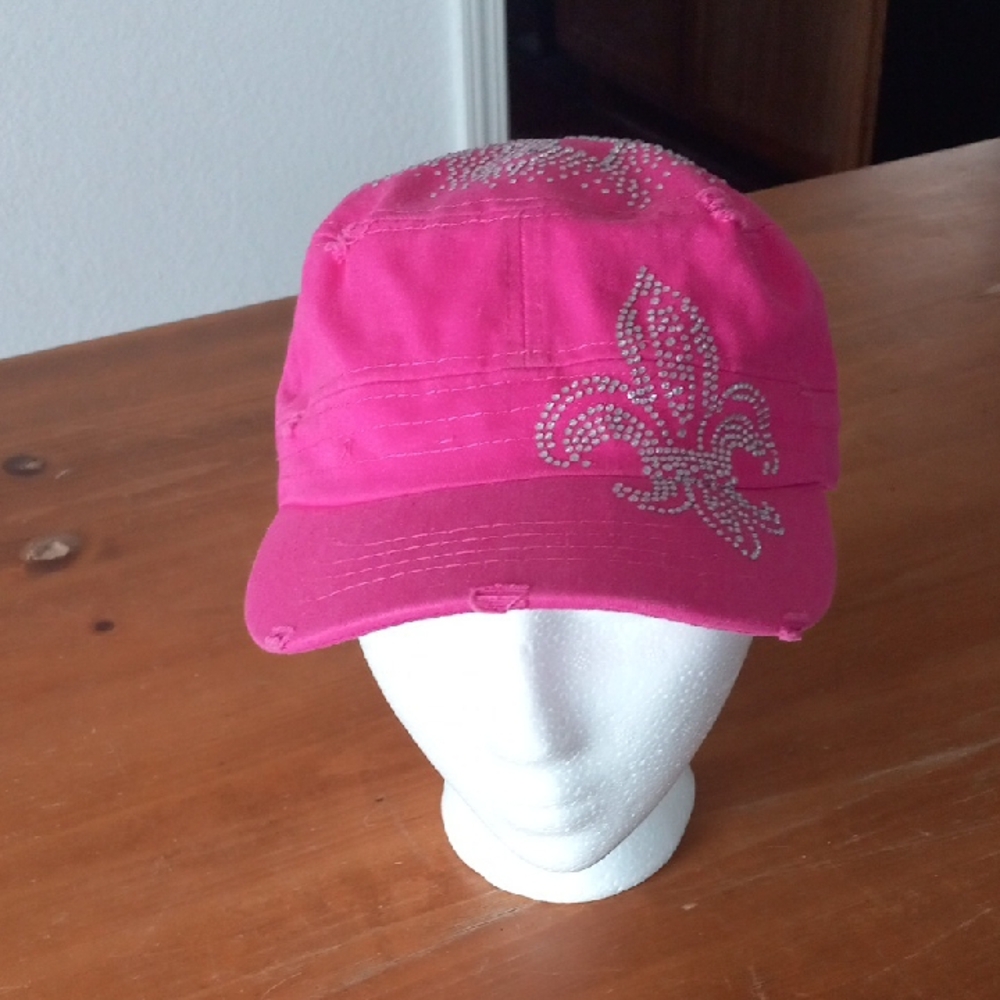 Womans Pink Cap with Rhinestone Fleur-de-Lis OSFM